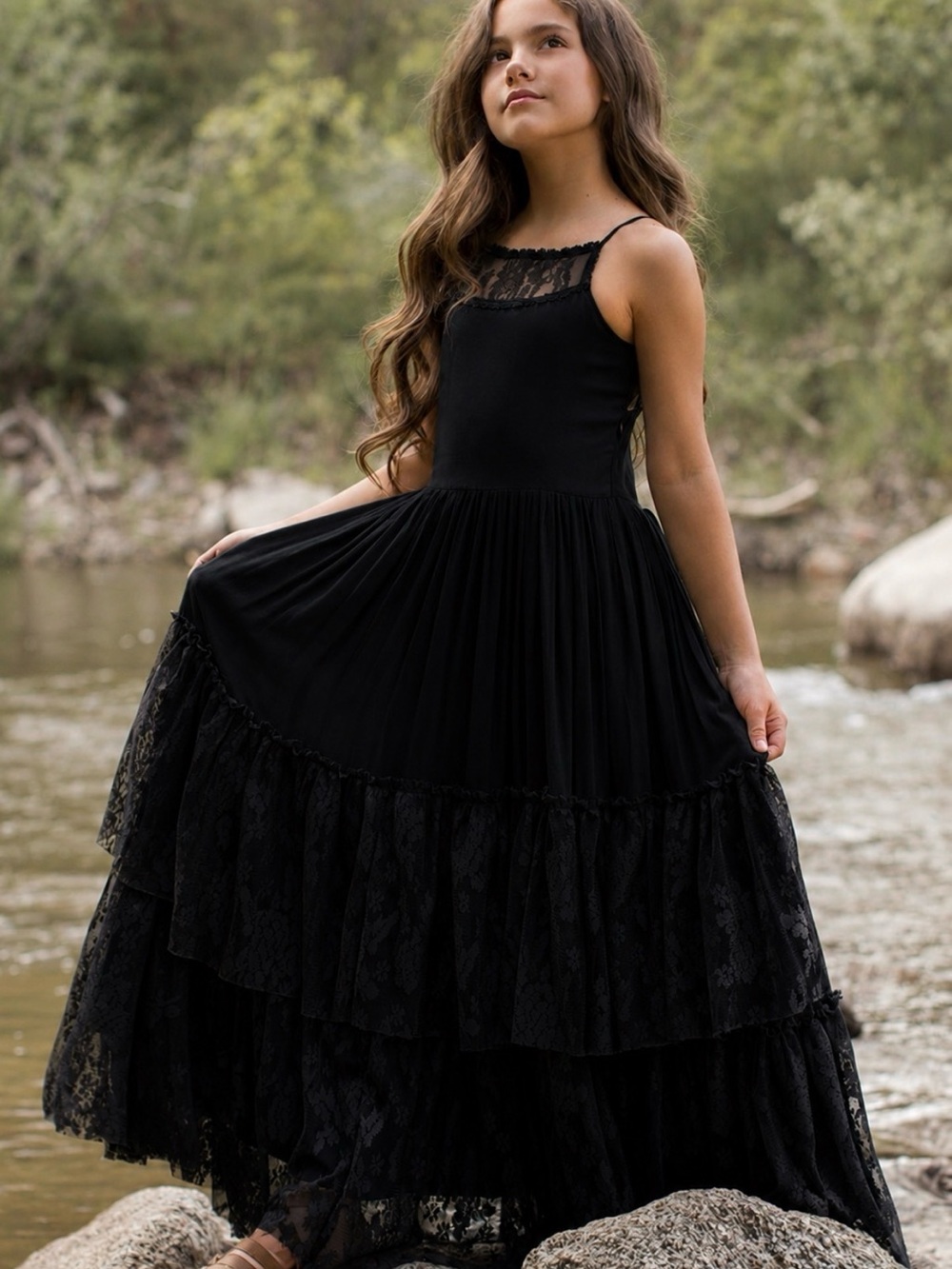 Joyfolie Black Tiered Lace Maxi Dress
